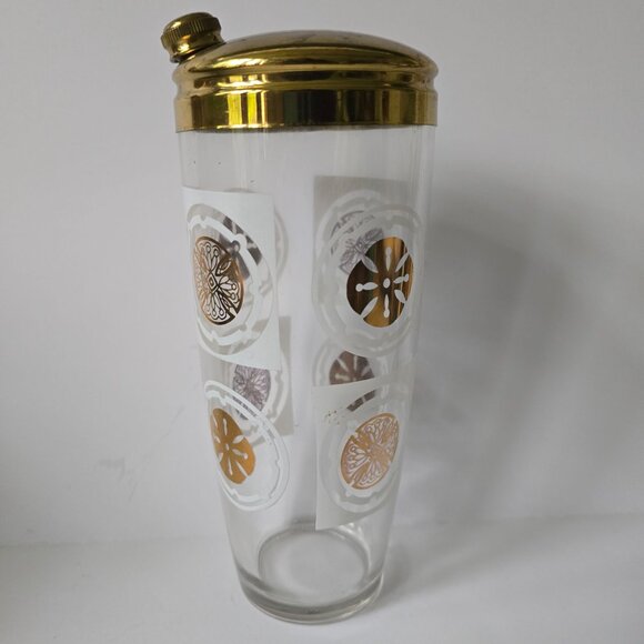 Vintage Glass Cocktail Shaker With Gold-Tone Lid & Retro Pattern Design - Picture 3 of 16